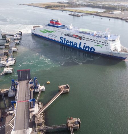 An image of a shipping ferry at Belfast Port.